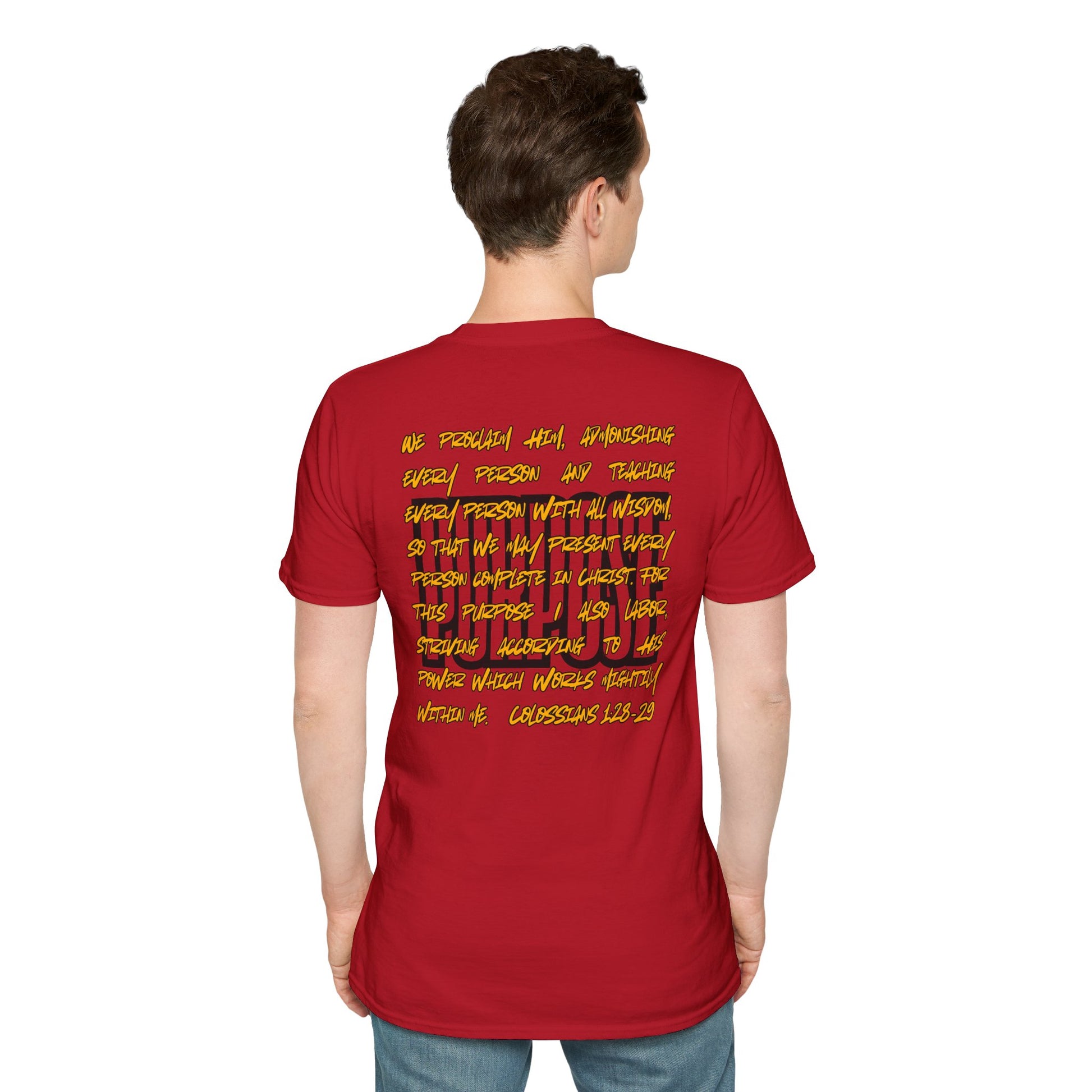 Red Logos Co. Driven by Purpose shirt with inspirational Bible verse text design on back worn by a man standing 