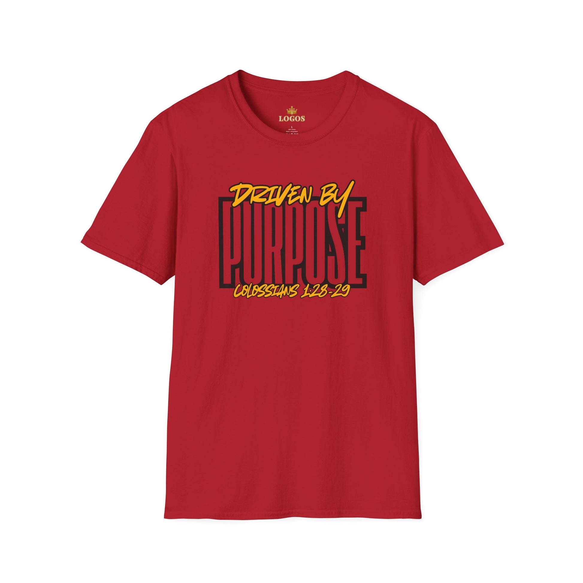 Front view of Men's Driven by Purpose shirt in red 