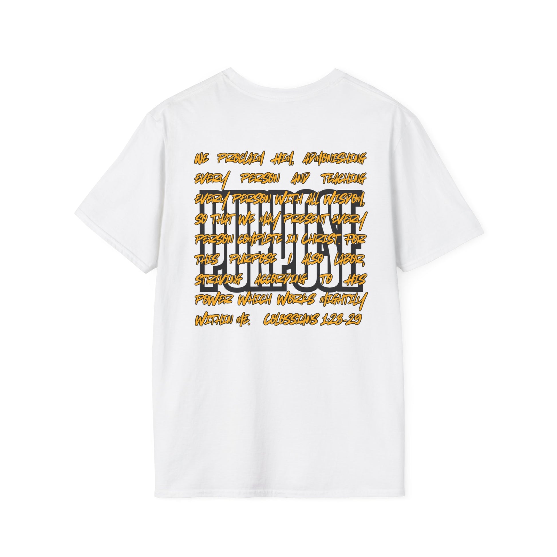 Logos white Driven by Purpose shirt with inspirational text and bold graphic design on the back