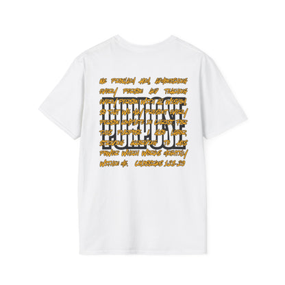 Logos white Driven by Purpose shirt with inspirational text and bold graphic design on the back