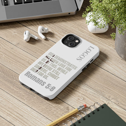 Logos Co. white phone case with Romans 5:8 scripture design faith-based tough cases for iPhone
