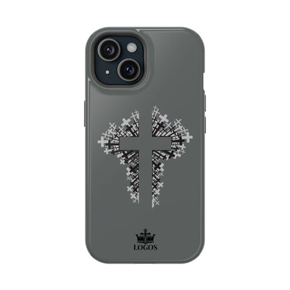 iPhone Case Magnetic Impact Resistant Cross Design in Gray, featuring a unique cross graphic on the back view