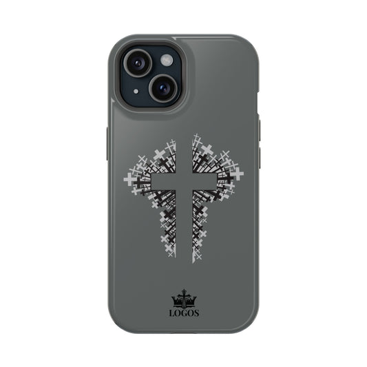 iPhone Case Magnetic Impact Resistant Cross Design in Gray, featuring a unique cross graphic on the back view