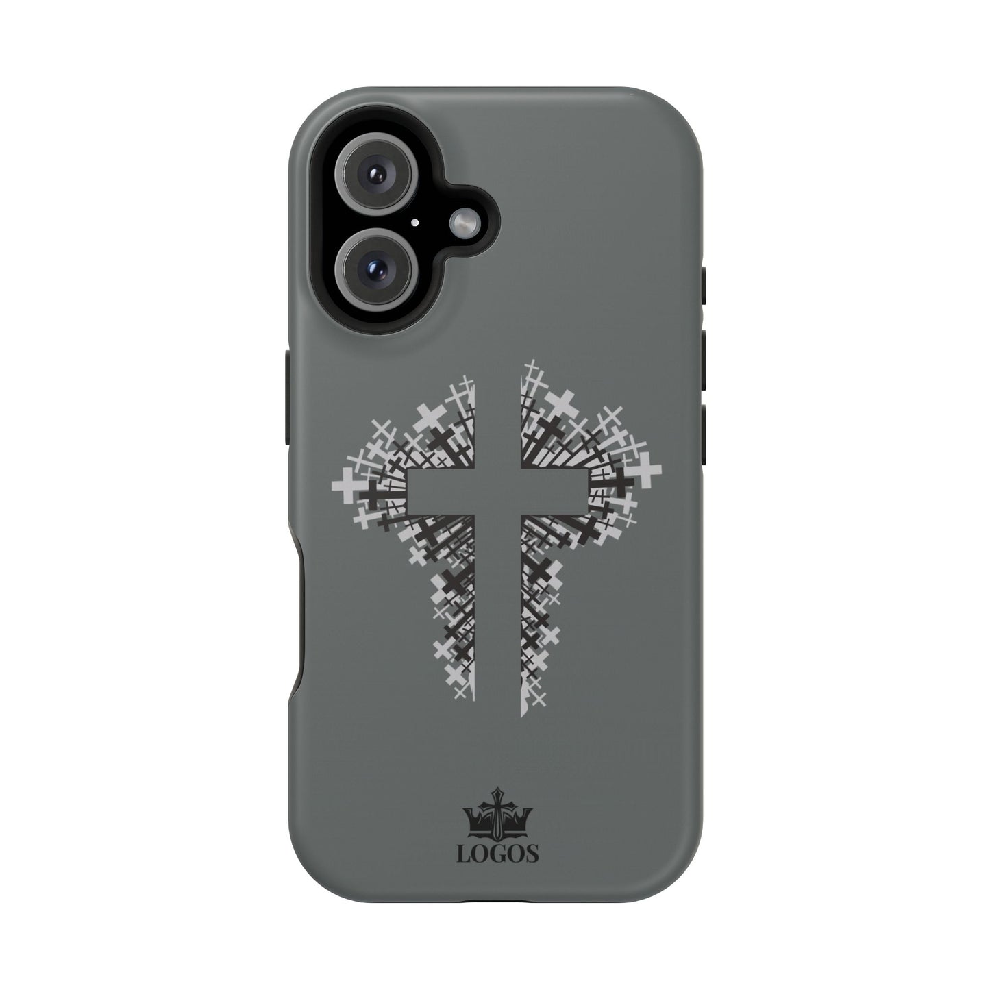 iPhone Case Magnetic Impact Resistant Cross Design in gray with cross graphic on front