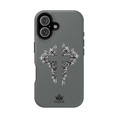iPhone Case Magnetic Impact Resistant Cross Design in gray with cross graphic on front