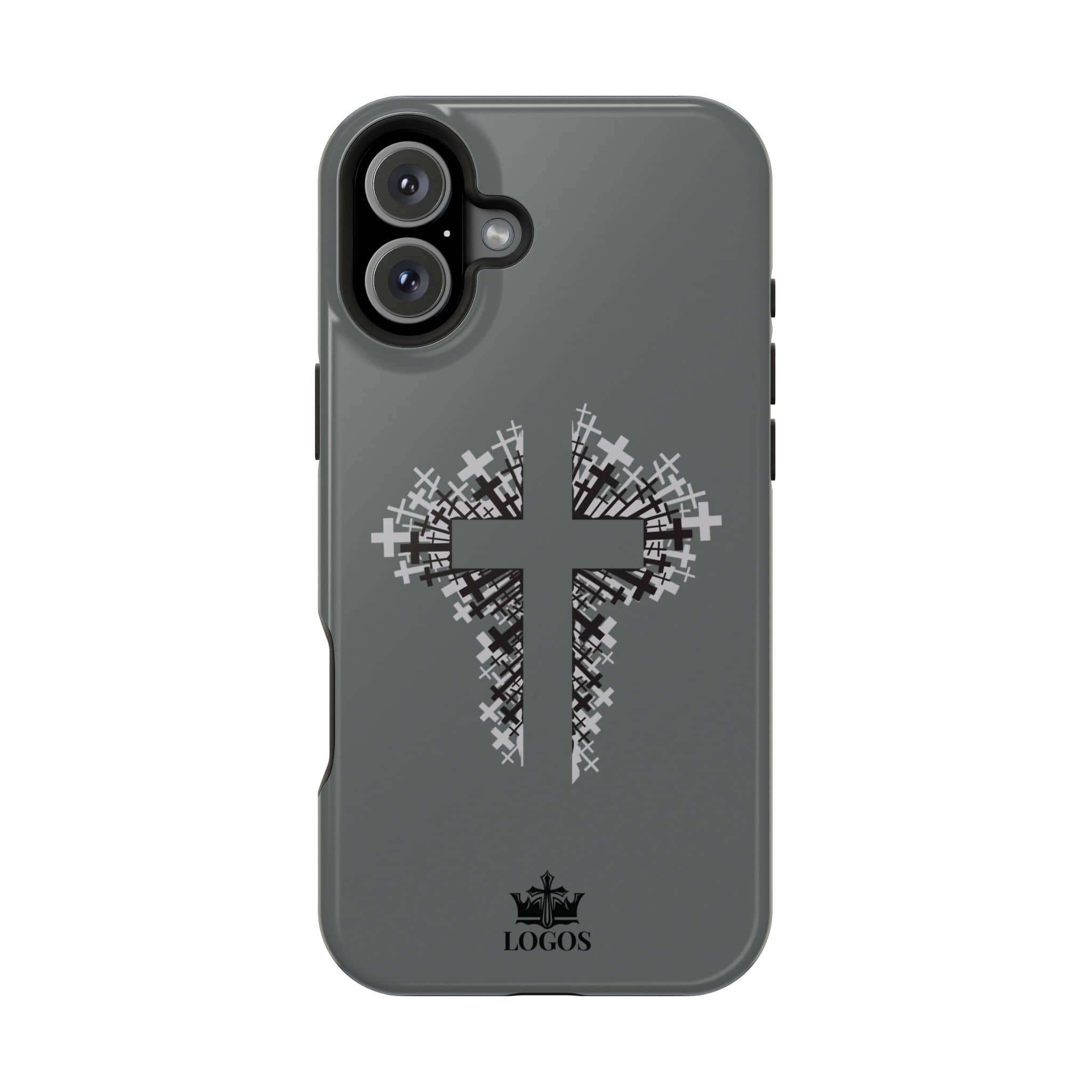 iPhone Case Magnetic Impact Resistant Cross Design in gray with intricate cross pattern on back