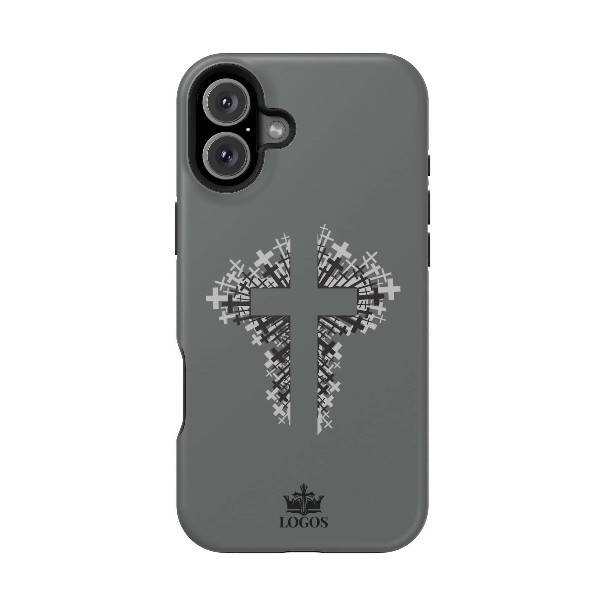 iPhone Case Magnetic Impact Resistant Cross Design in gray with a front view featuring a subtle cross pattern