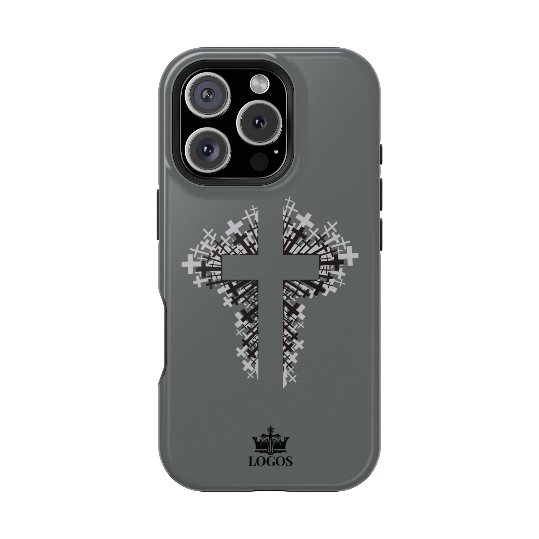 iPhone Case Magnetic Impact Resistant Cross Design in grey with textured finish and front view