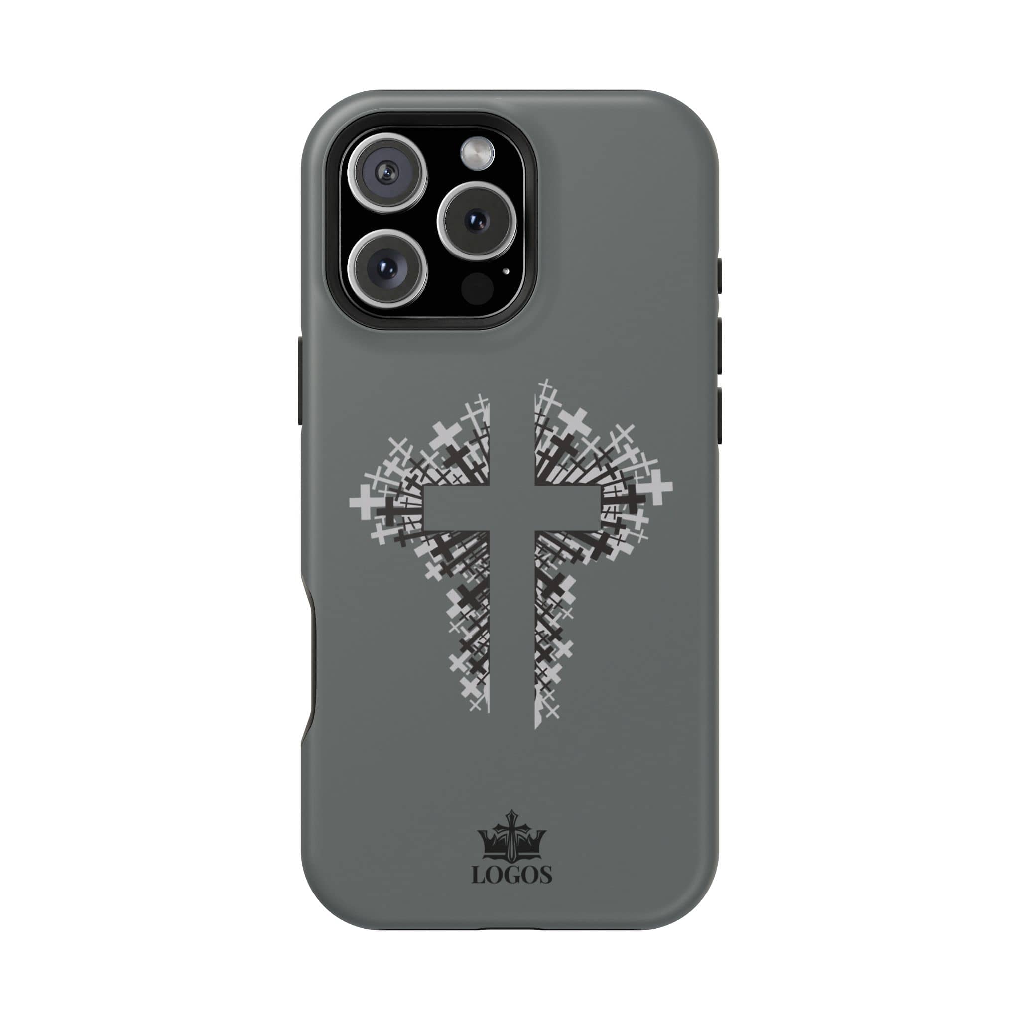 iPhone Case Magnetic Impact Resistant Cross Design in Gray with Front View Details