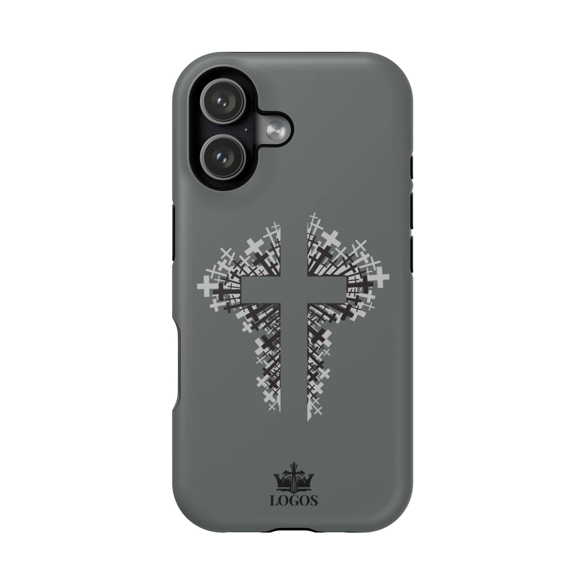 iPhone case with magnetic impact resistant cross design in gray color, back view showcasing the artwork