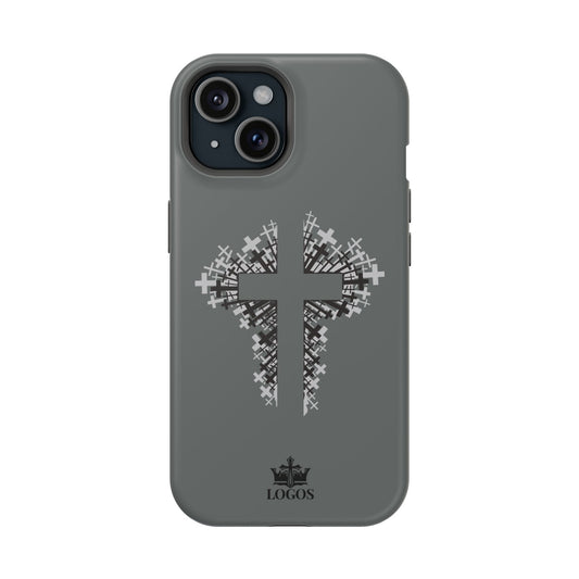 iPhone Case Magnetic Impact Resistant Cross Design in gray, featuring a unique cross pattern on the back