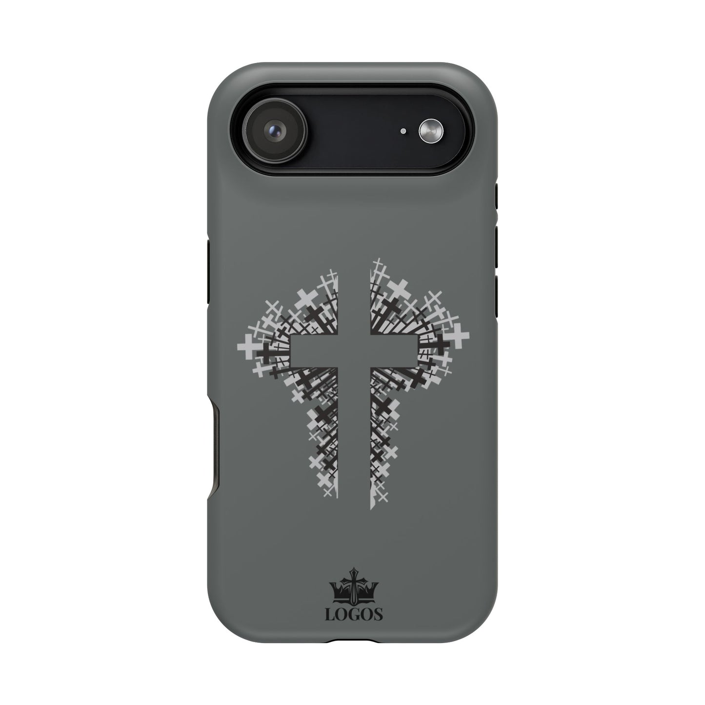iPhone Case Magnetic Impact Resistant Cross Design in gray with a front view showcasing the graphic