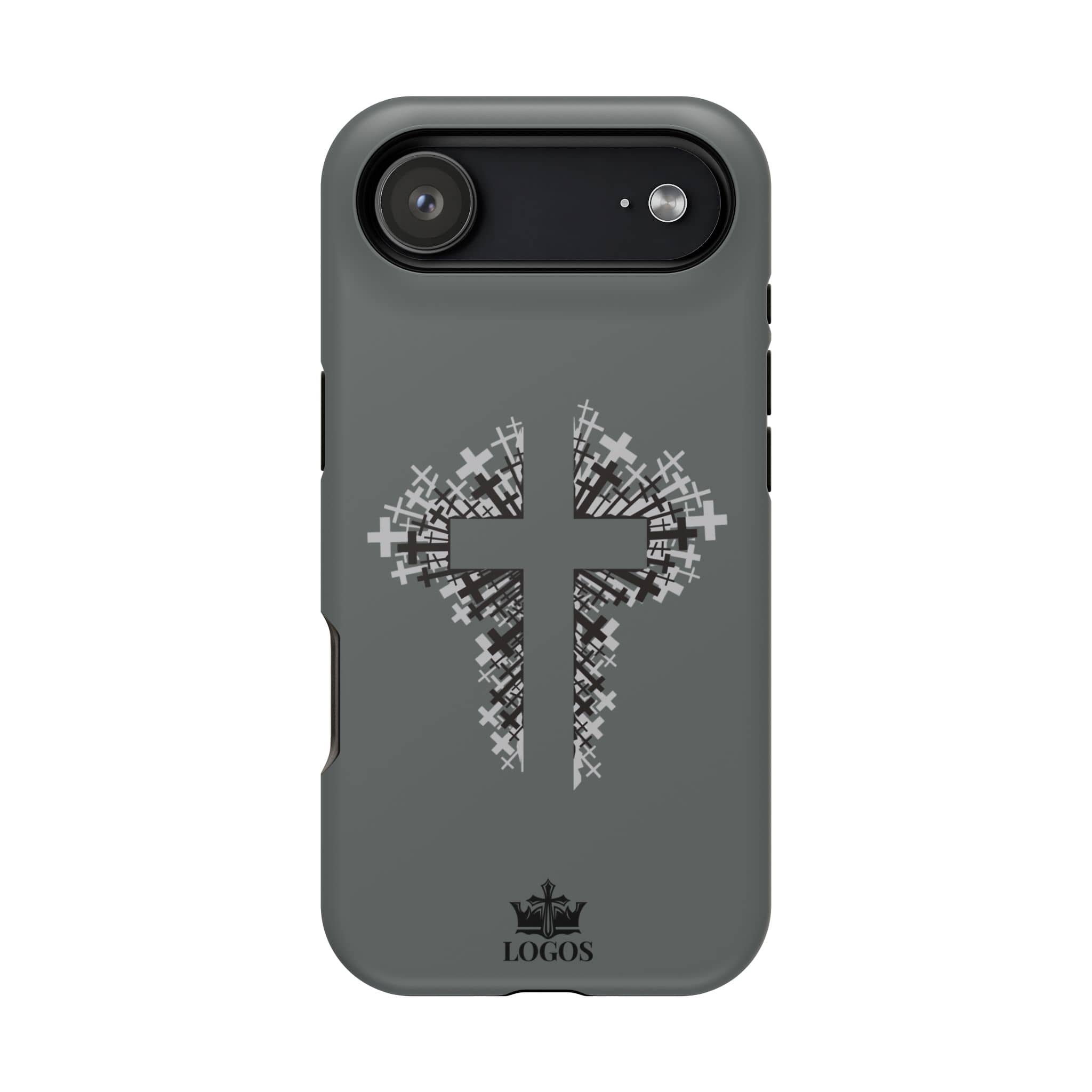 iPhone Case Magnetic Impact Resistant Cross Design in gray with a front view showcasing the graphic