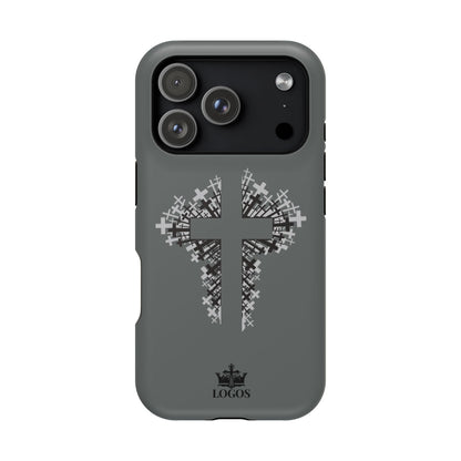 iPhone Case Magnetic Impact Resistant Cross Design in gray with a detailed cross graphic on the back