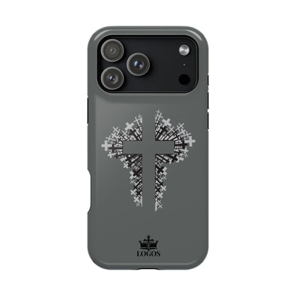 iPhone case featuring a cross design in gray, impact resistant, back view