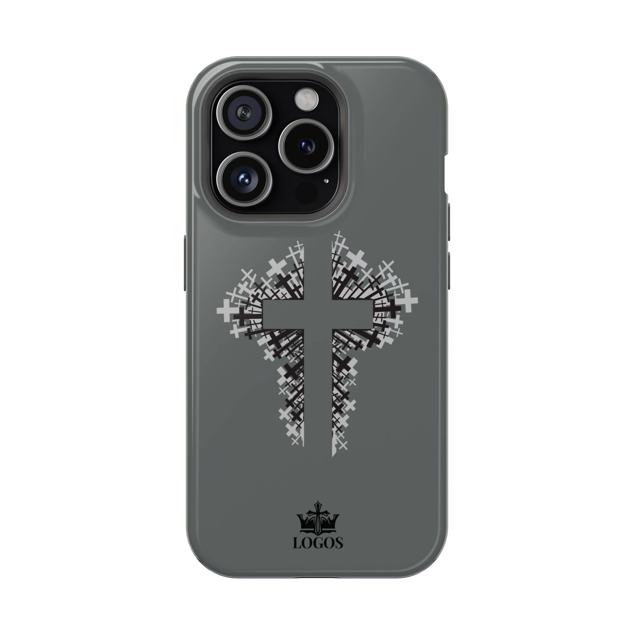 iPhone Case Magnetic Impact Resistant Cross Design in Gray with a front view showcasing the cross graphic