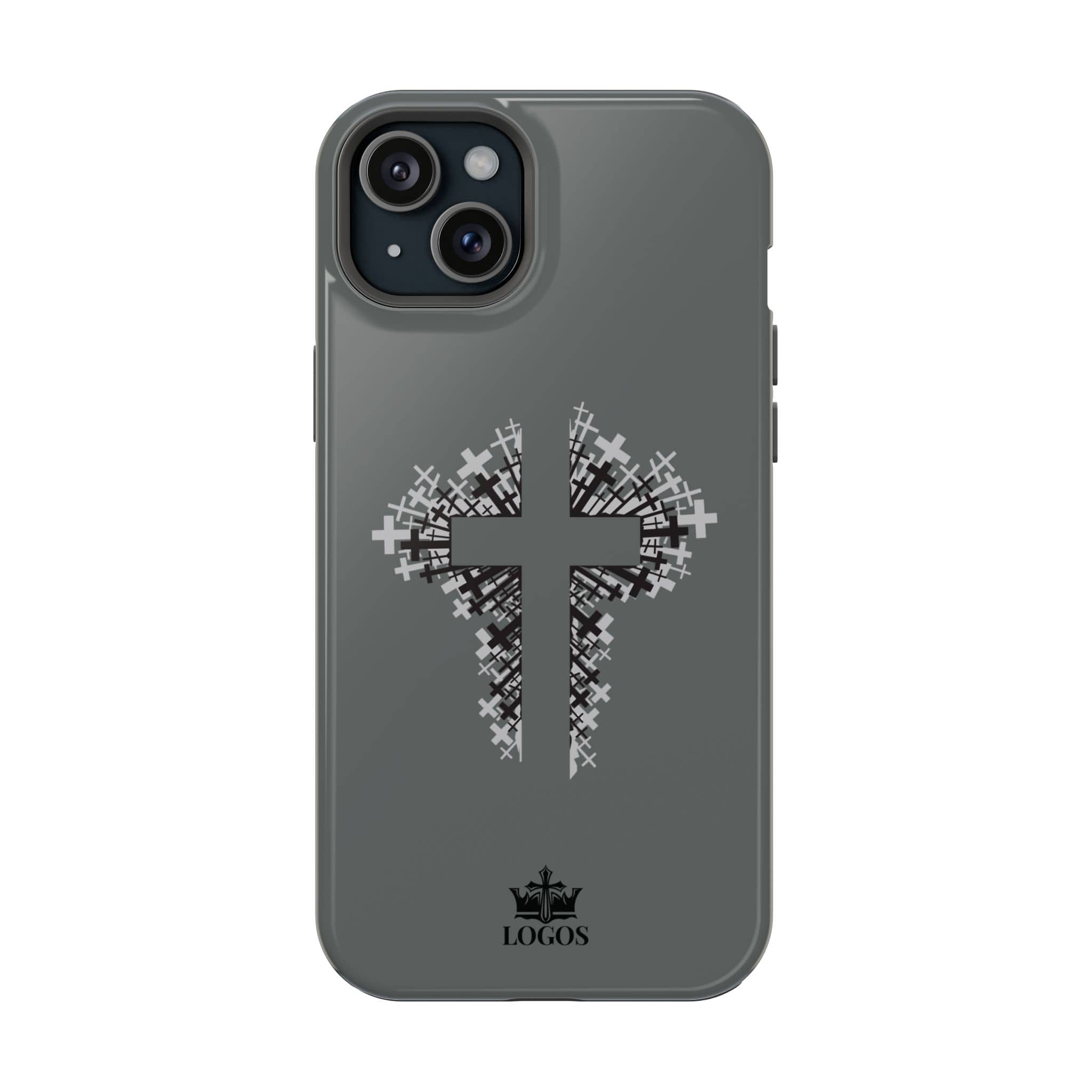 Logos iPhone Case Magnetic Impact Resistant Cross Design in gray with a front view showcasing the cross pattern