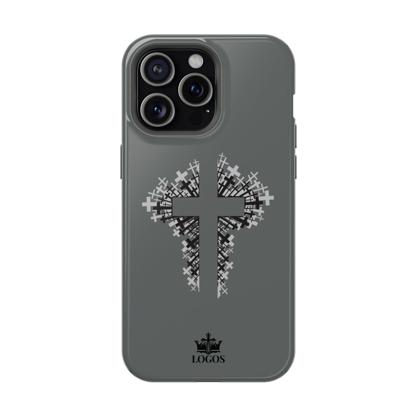 iPhone Case Magnetic Impact Resistant Cross Design in gray showcasing a detailed cross pattern