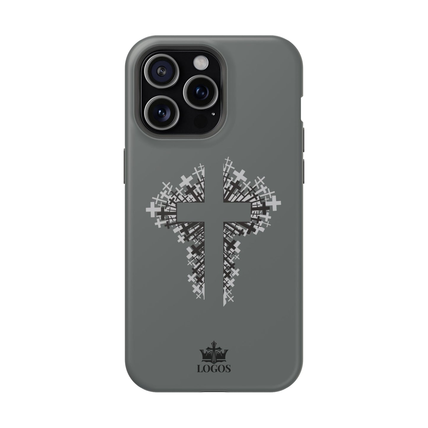 iPhone Case Magnetic Impact Resistant Cross Design in grey with a decorative cross pattern on the back