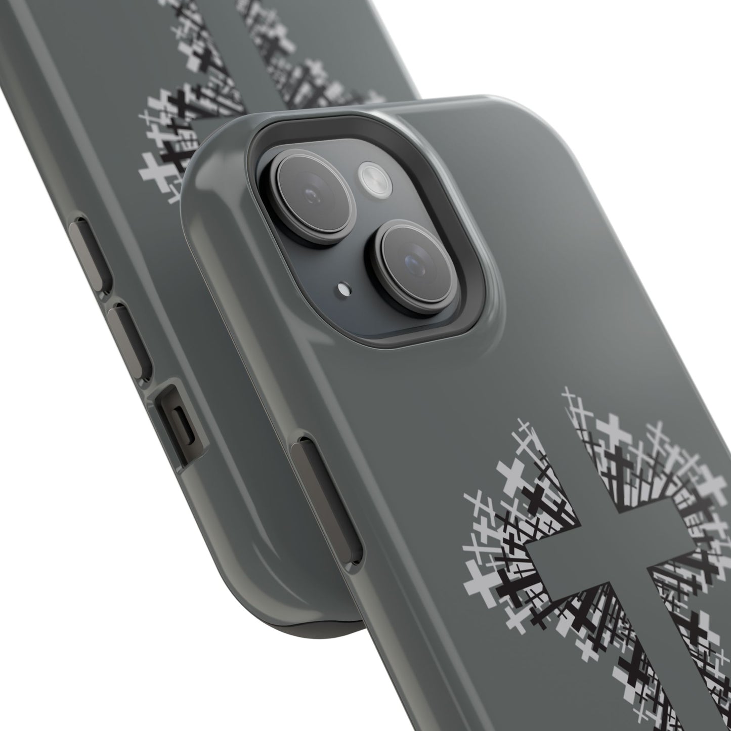 iPhone Case Magnetic Impact Resistant Cross Design in Grey with Front View