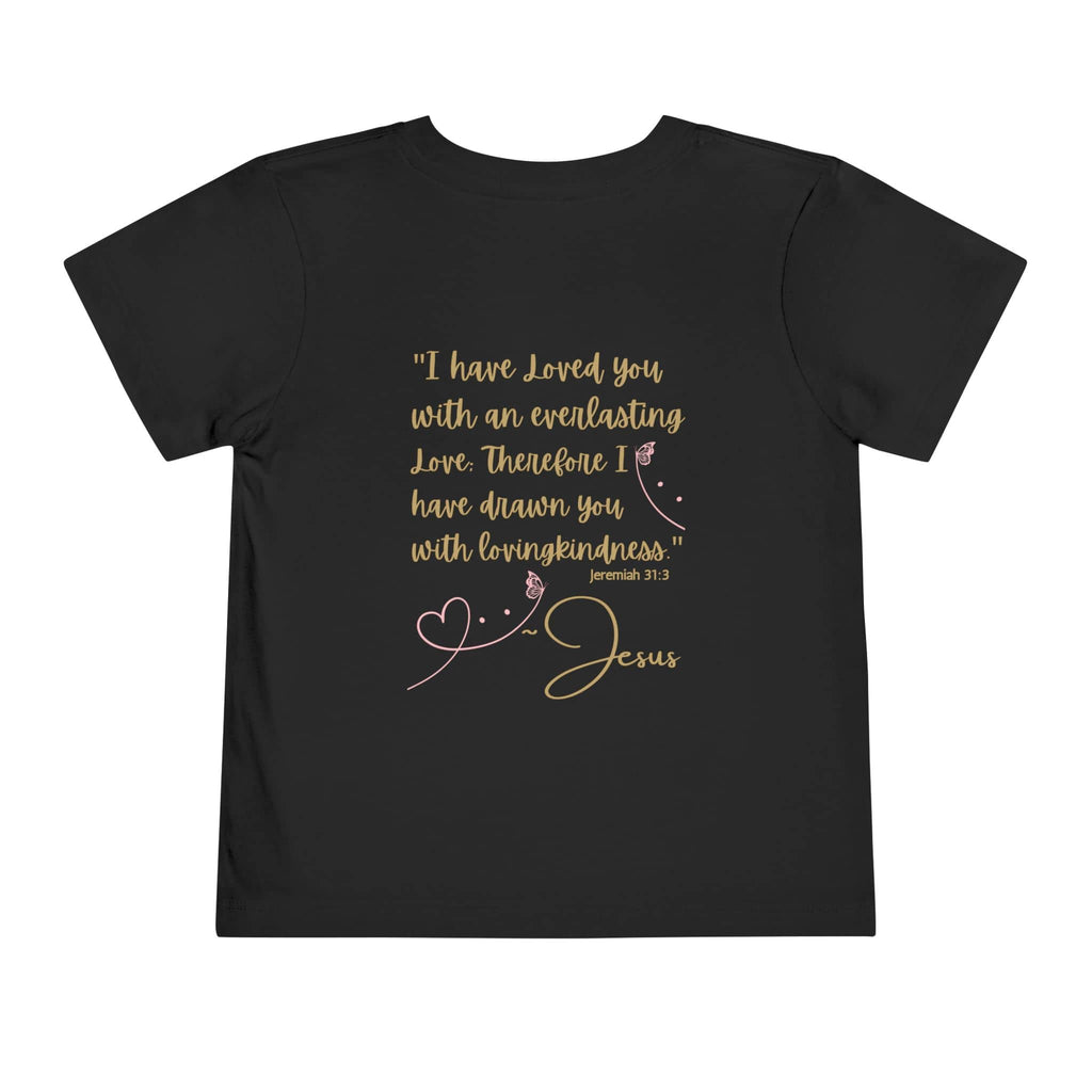 Black kids Jesus Loves Me shirt with scripture quote and heart design from Logos Co.
