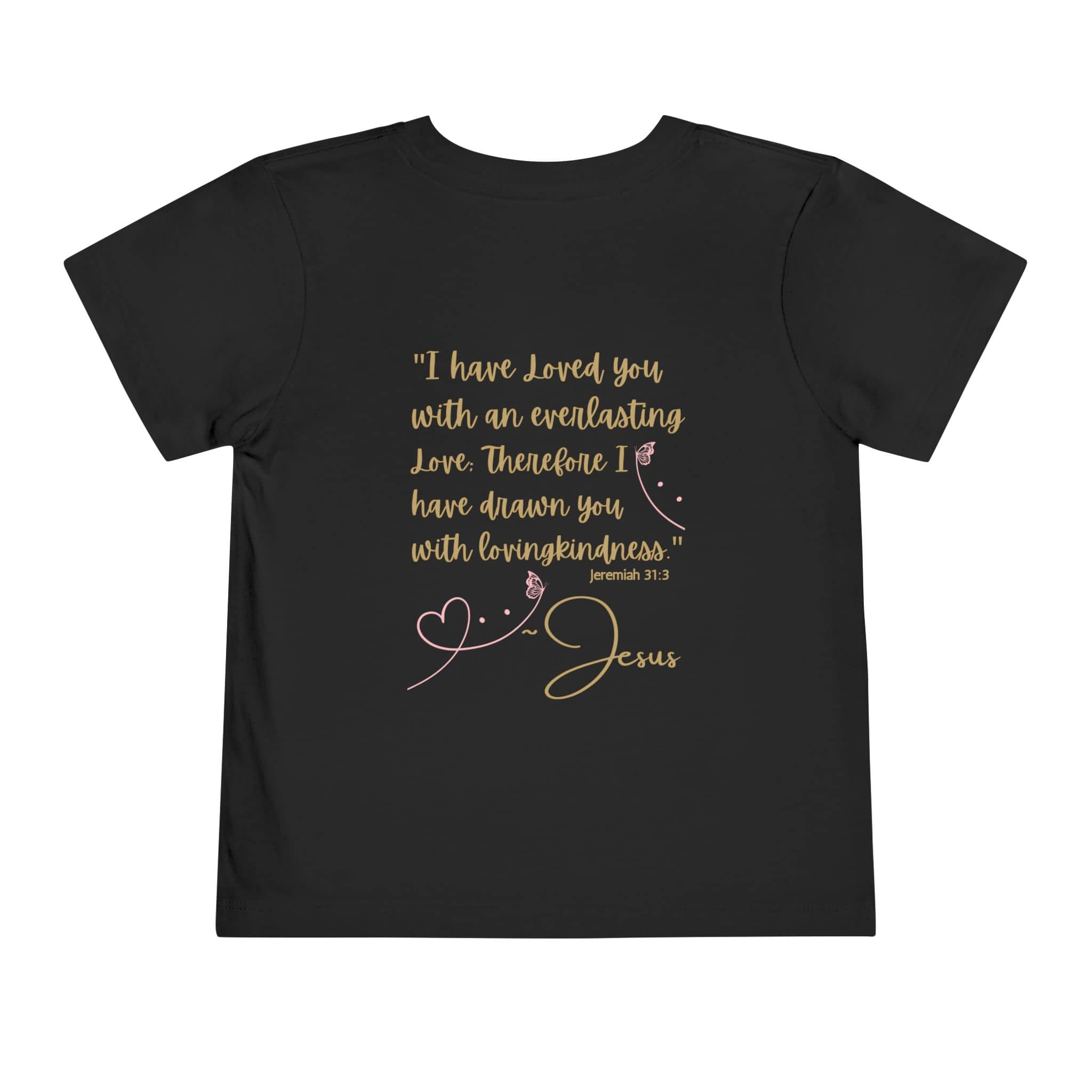 Black kids Jesus Loves Me shirt with scripture quote and heart design from Logos Co.