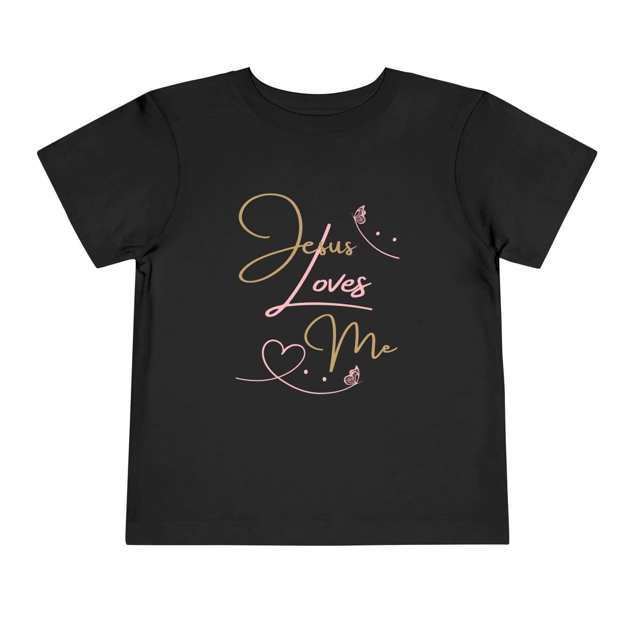 Black kids Jesus Loves Me shirt with gold and pink script design and heart details by Logos Co.