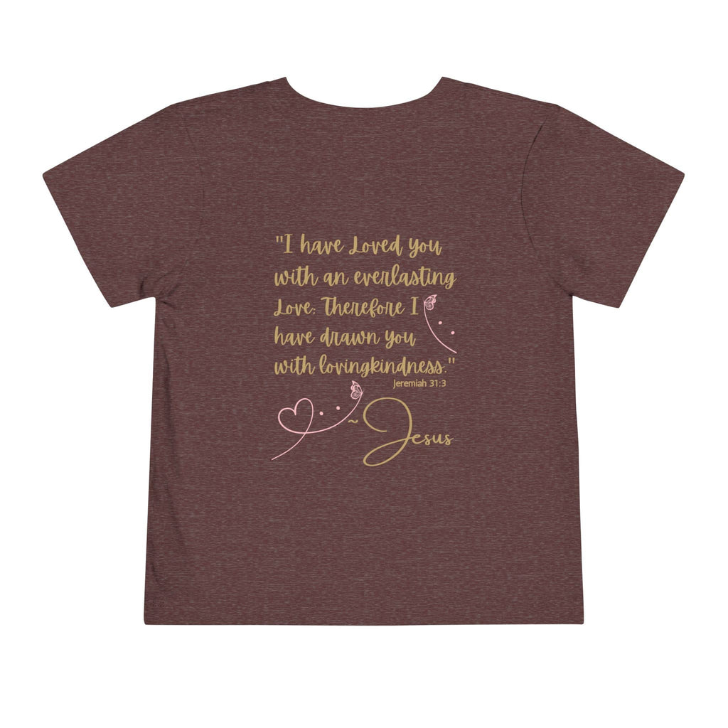 Brown kids Jesus Loves Me shirt with inspirational Bible verse and decorative heart design