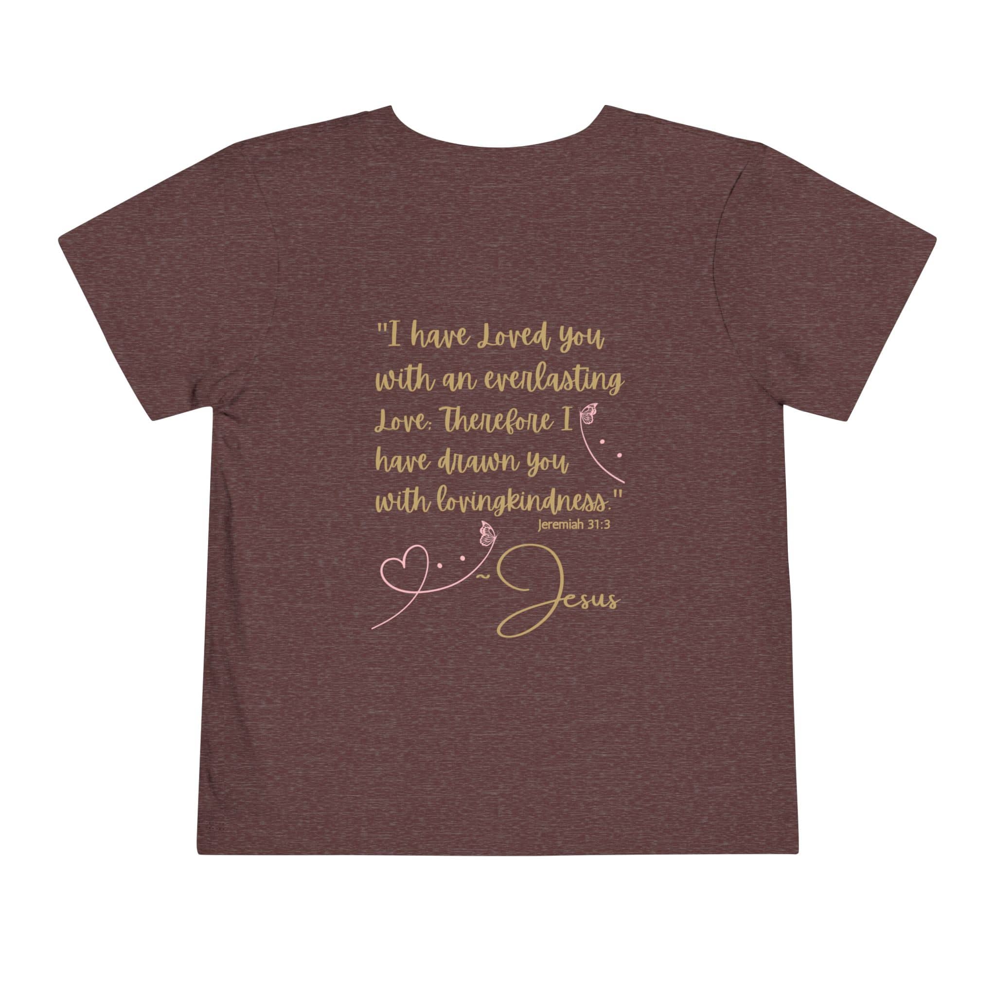 Brown kids Jesus Loves Me shirt with inspirational Bible verse and decorative heart design