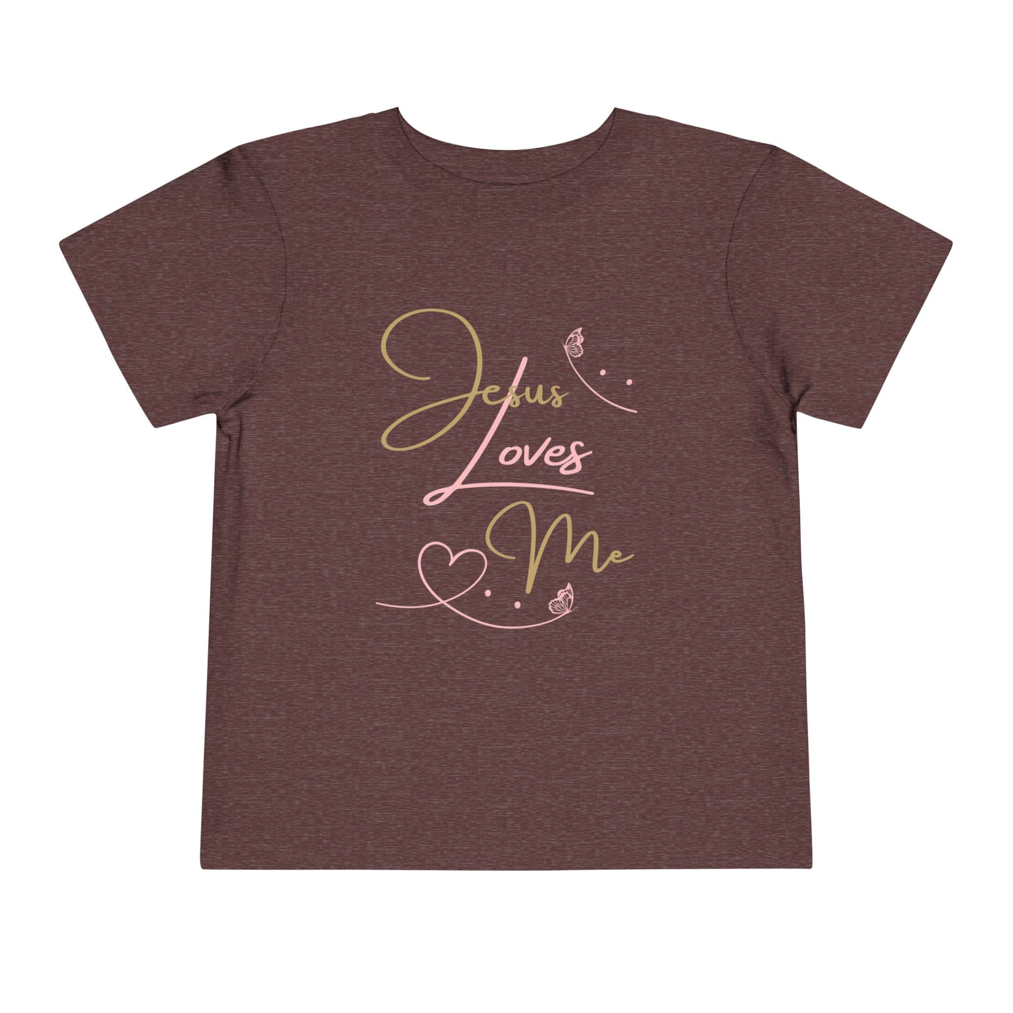 Brown kids Jesus Loves Me shirt with pink and yellow script design and heart graphics