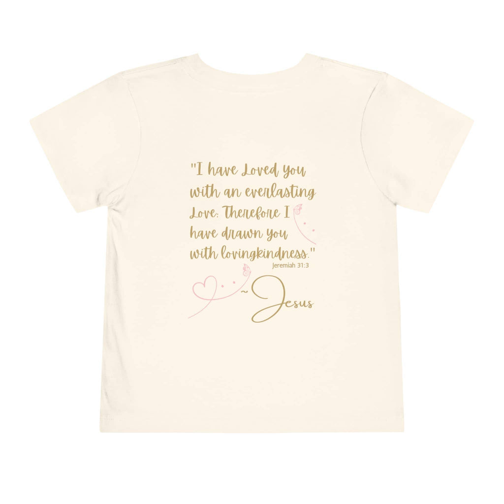 Logos Co. kids Jesus Loves Me shirt with Bible verse Jeremiah 31:3 and heart design on back