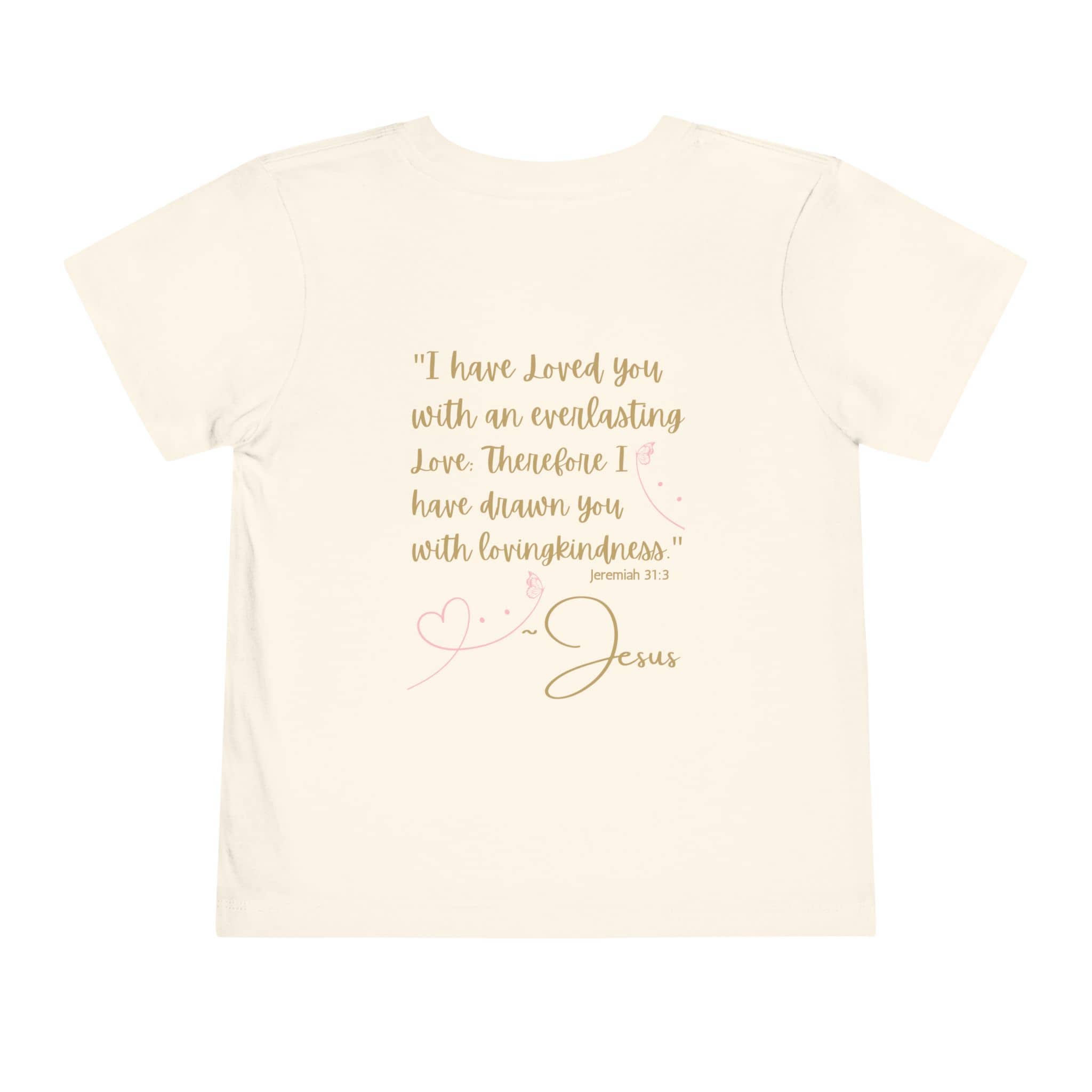 Logos Co. kids Jesus Loves Me shirt with Bible verse Jeremiah 31:3 and heart design on back