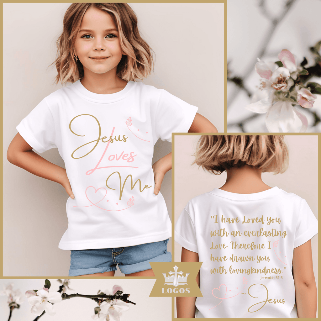 Girl wearing a white Jesus Loves Me shirt with gold and pink script by Logos in kids clothes