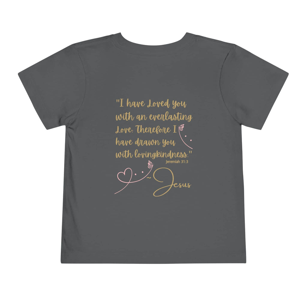 Gray kids Jesus Loves Me shirt with loving kindness quote from Jeremiah 31:3 printed on back