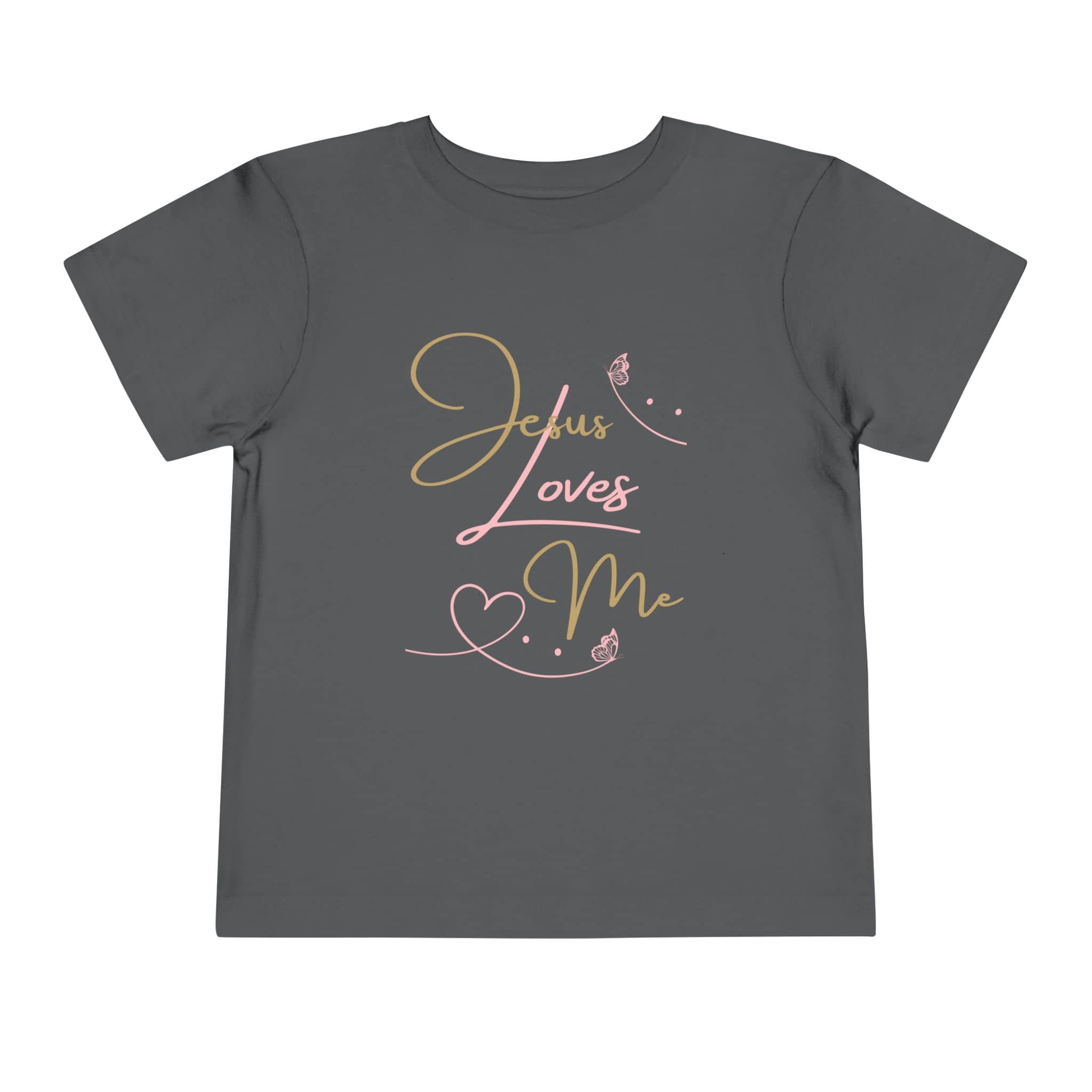 Logos Co. kids Jesus Loves Me shirt in dark gray with pink and gold script and heart design