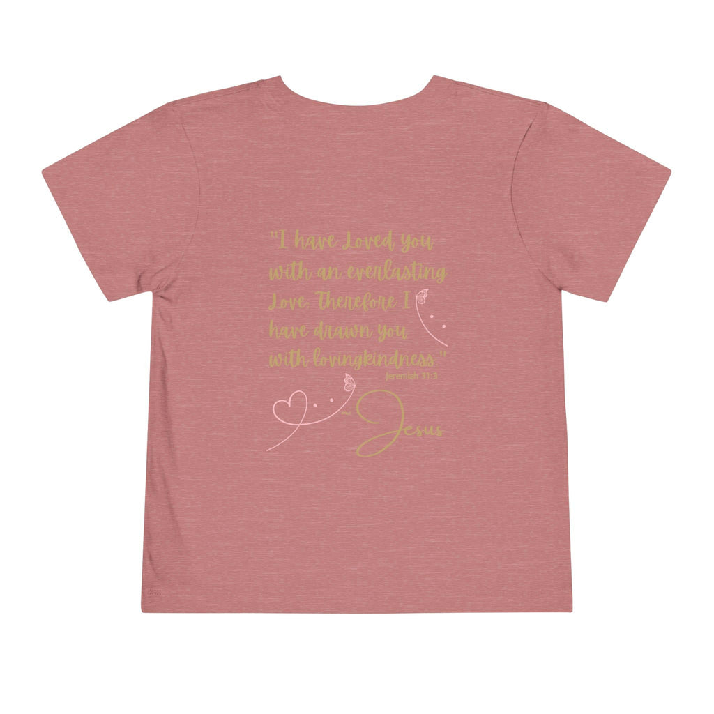 Pink kids Jesus Loves Me shirt with gold Bible verse and heart design from Logos Co.