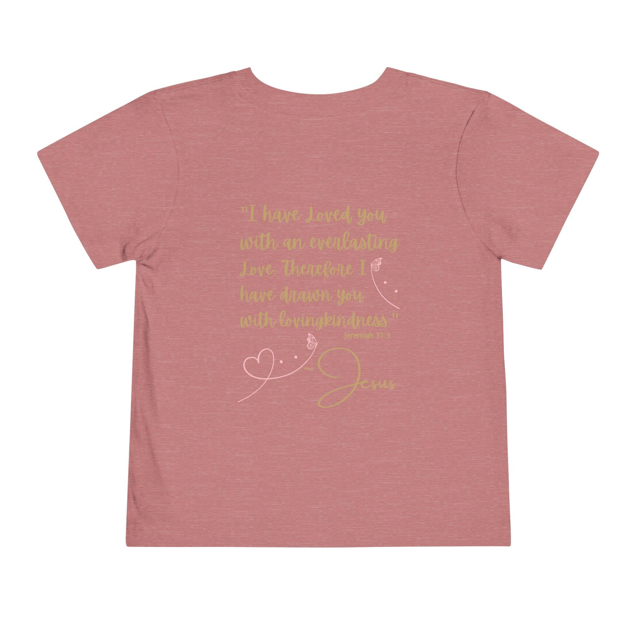 Pink kids Jesus Loves Me shirt with gold Bible verse and heart design from Logos Co.