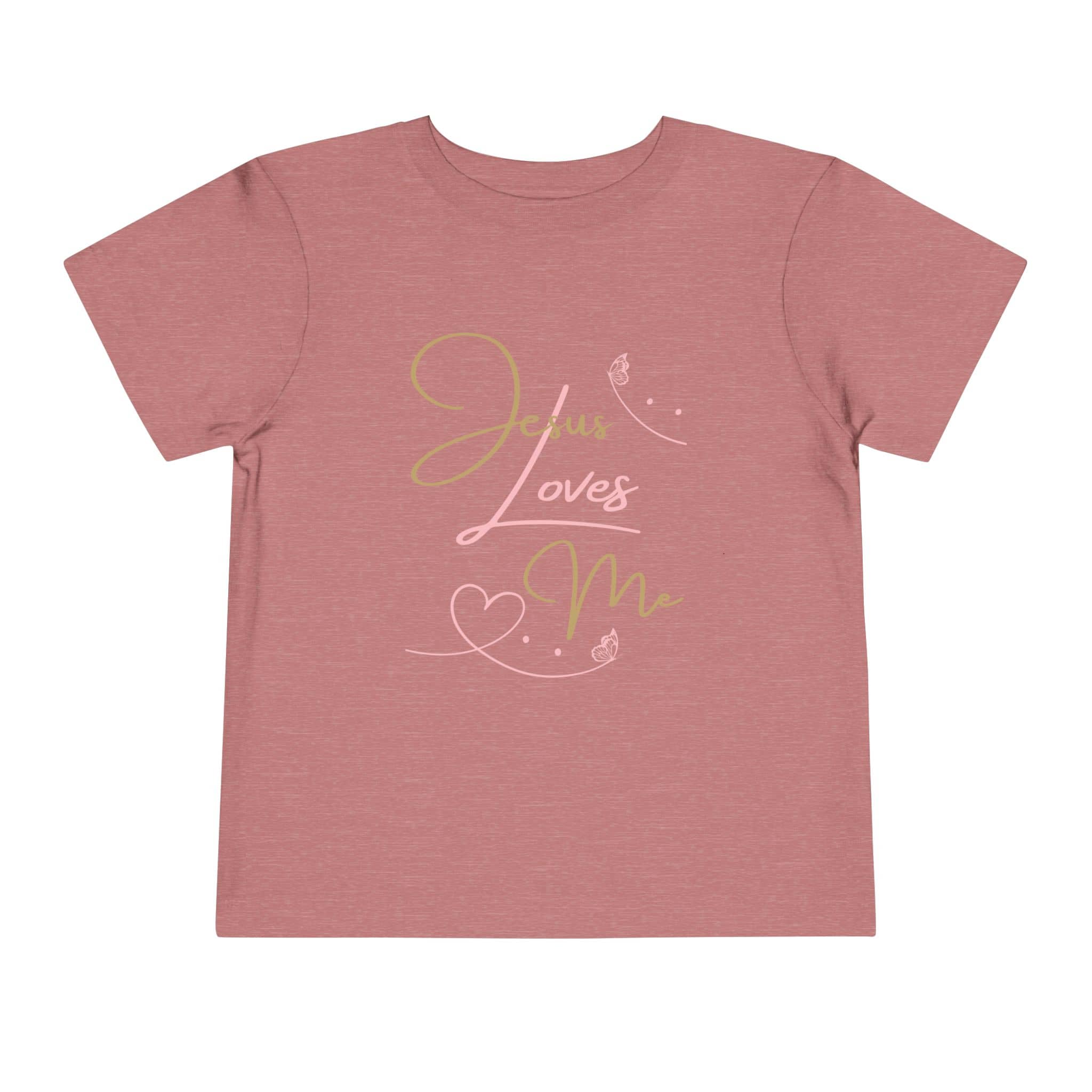 Pink kids shirt with Jesus Loves Me shirt text and heart design from Logos