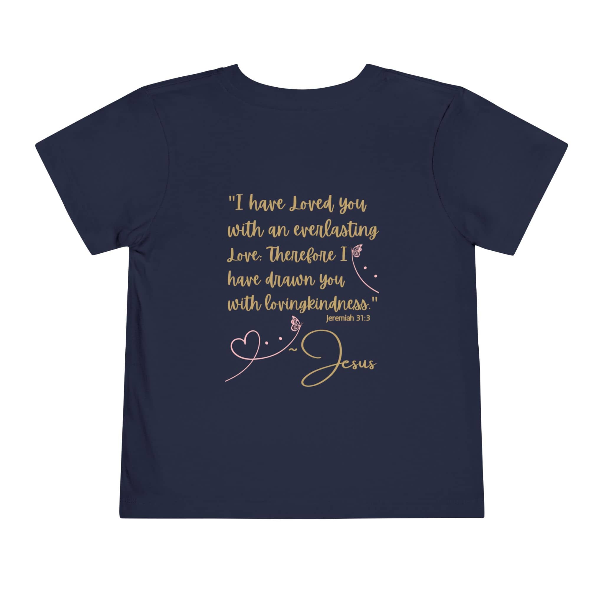 Navy kids shirt from Logos Co. with Jesus Loves Me shirt Bible verse design in gold script