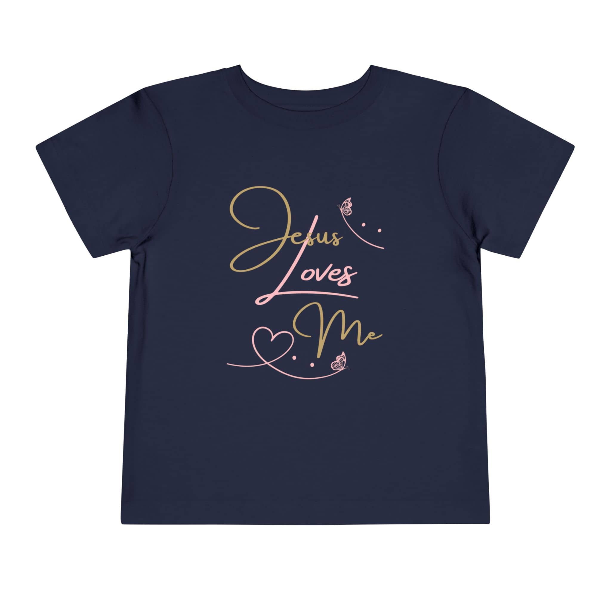 Navy kids Jesus Loves Me shirt with gold and pink script and heart design from Logos Co.