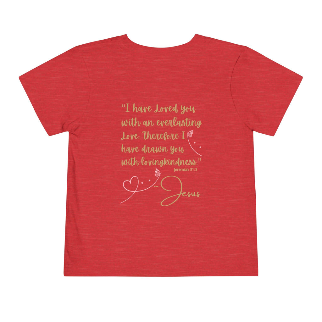 Red kids Jesus Loves Me shirt with inspirational Bible verse and heart design by Logos Co.