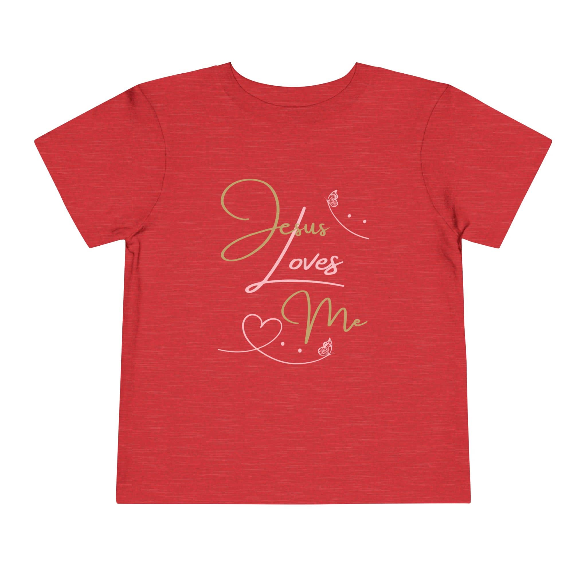 Red kids Jesus Loves Me shirt with gold and white script text and heart design by Logos
