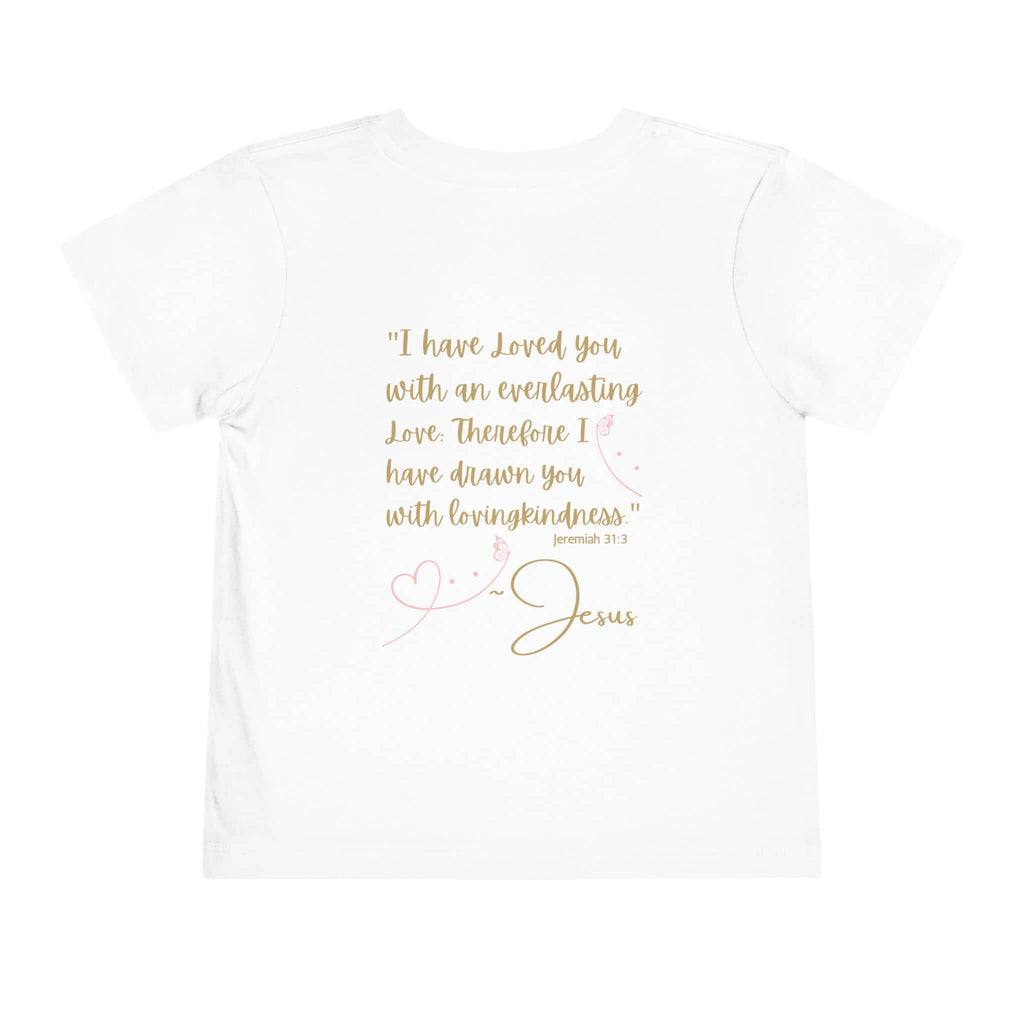 White kids Jesus Loves Me shirt with inspirational Bible verse and decorative heart design
