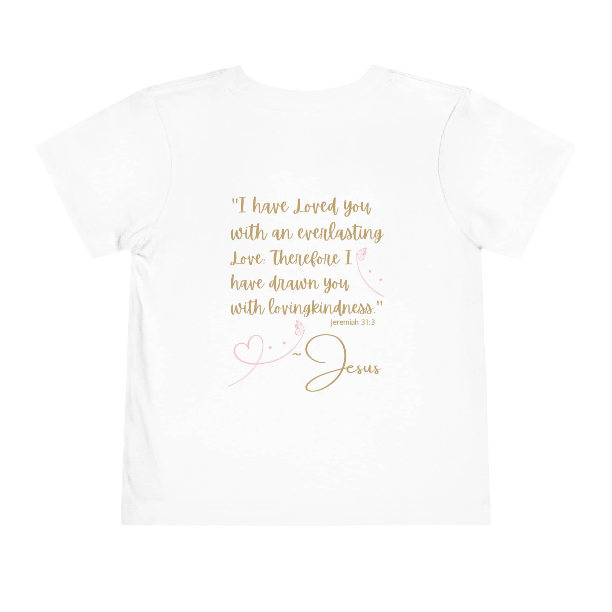 White kids Jesus Loves Me shirt with inspirational Bible verse and decorative heart design