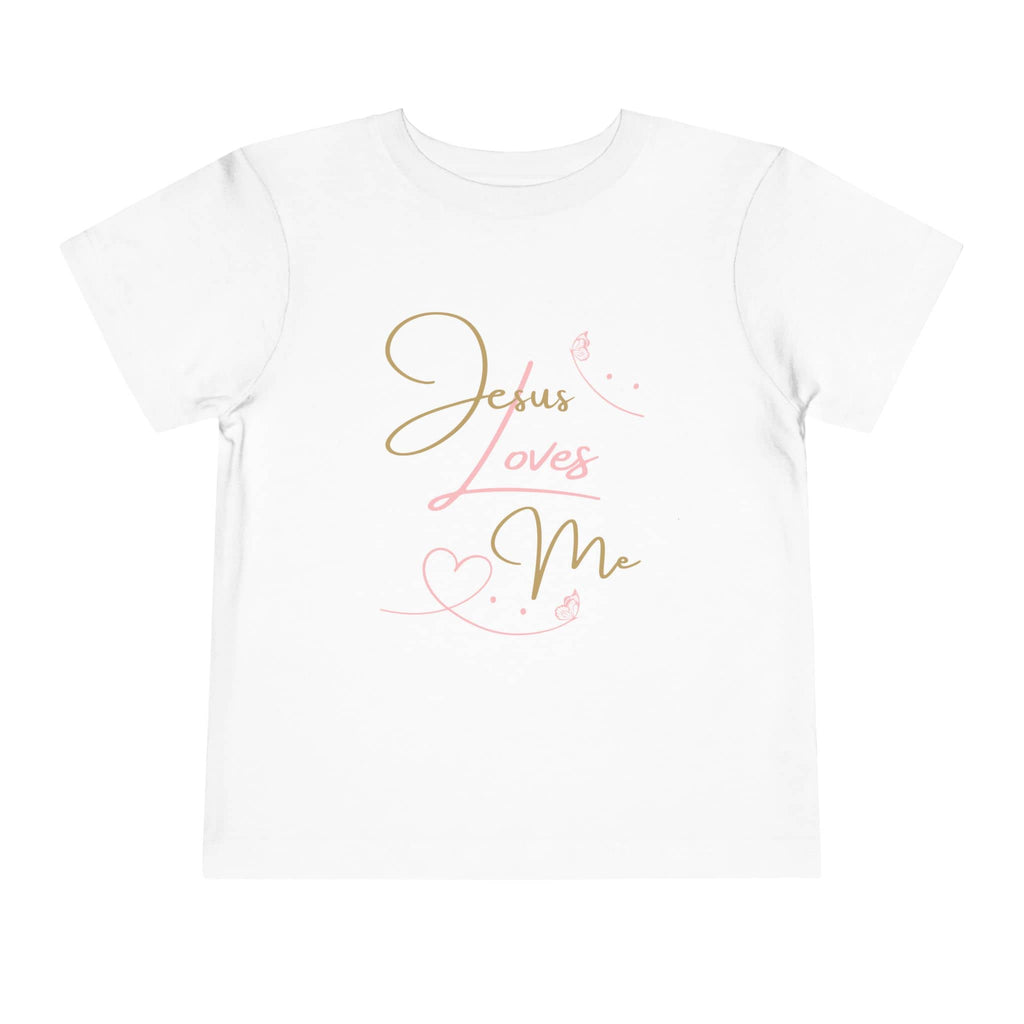 White kids Jesus Loves Me shirt with gold and pink script design and heart graphics