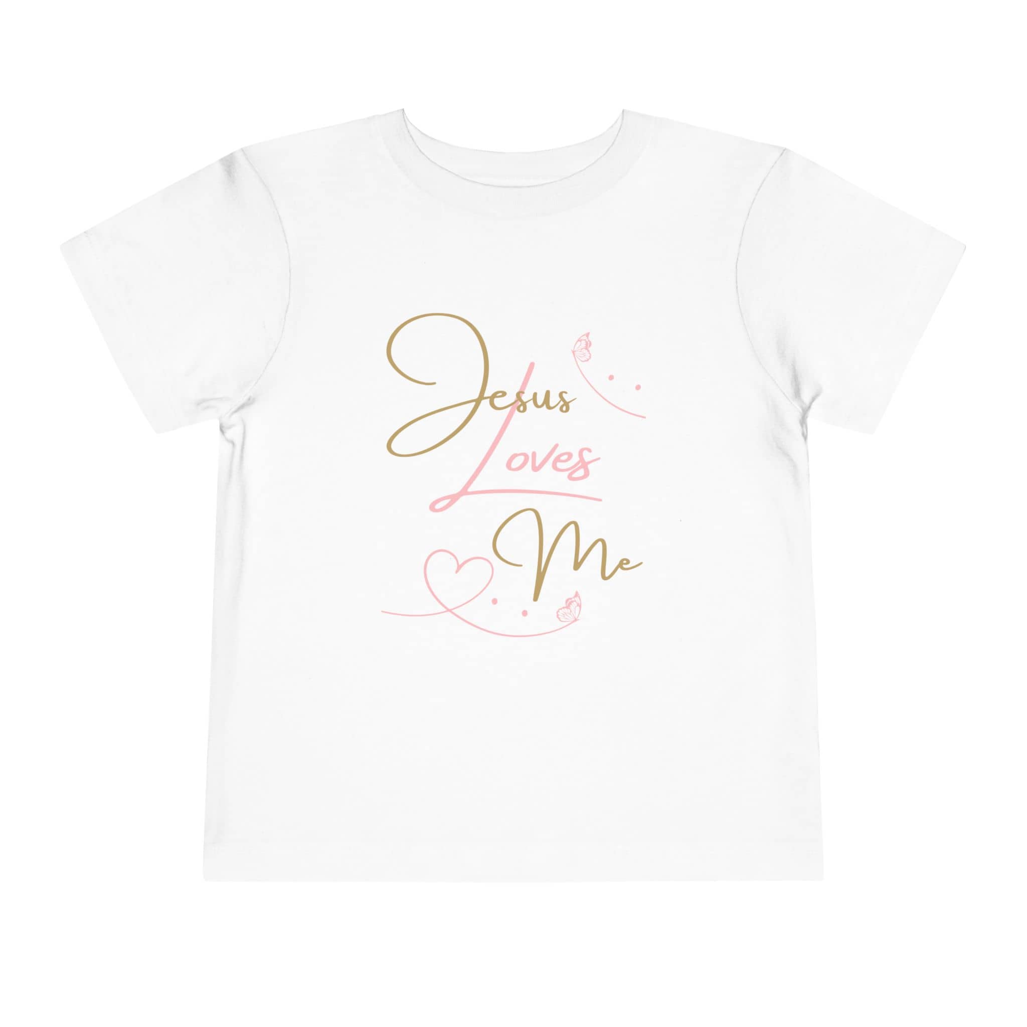 White kids Jesus Loves Me shirt with gold and pink script design and heart graphics