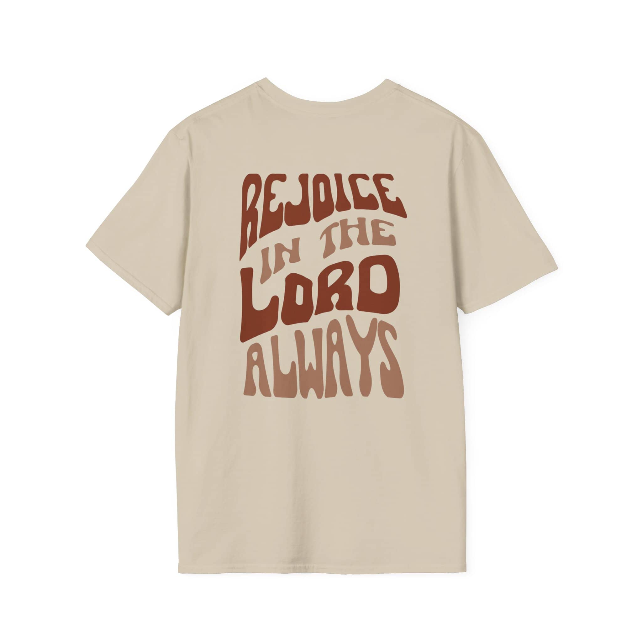Beige Rejoice in the Lord shirt featuring bold text design on the back for a casual look