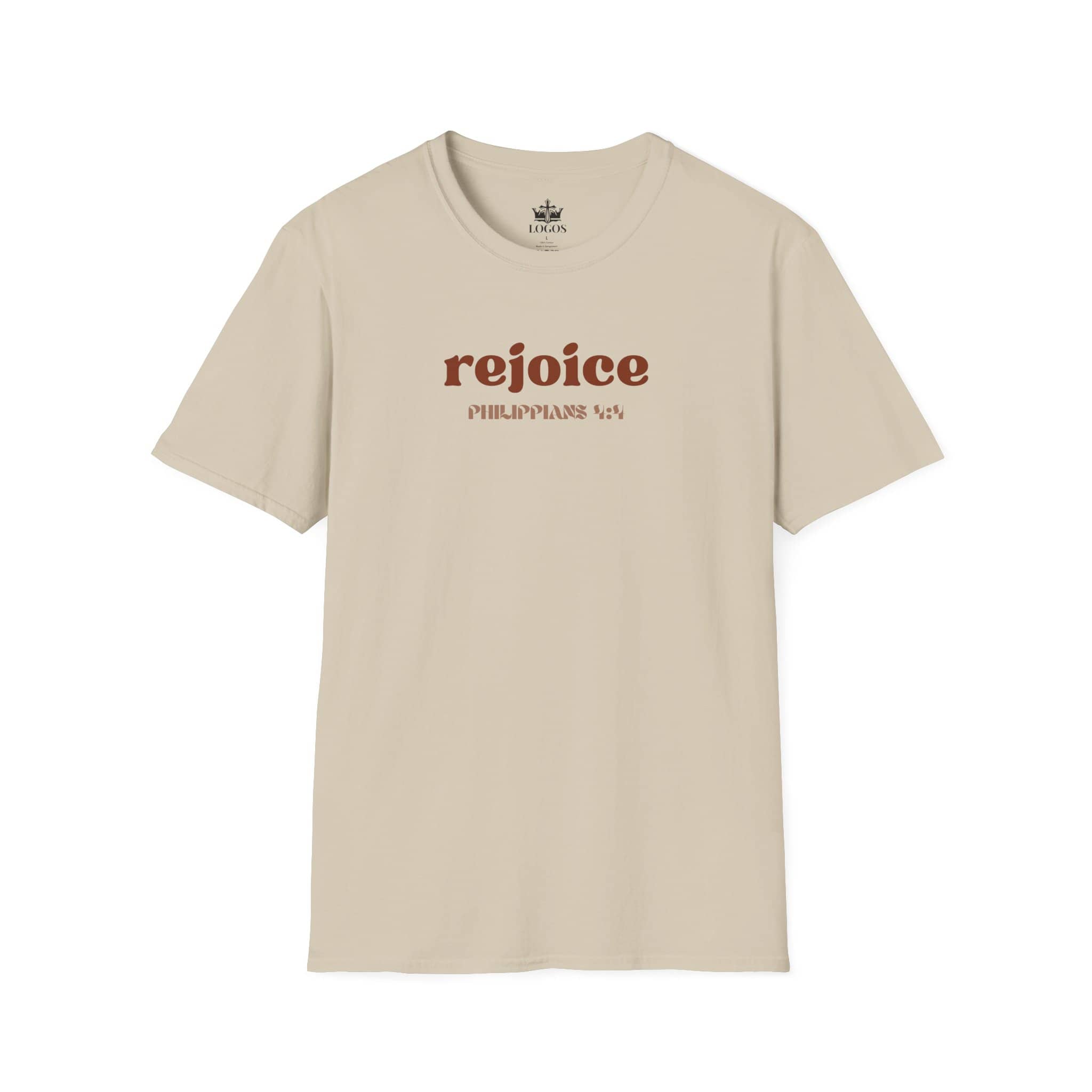 Beige Rejoice in the Lord shirt featuring Philippians 4:4 in stylish print