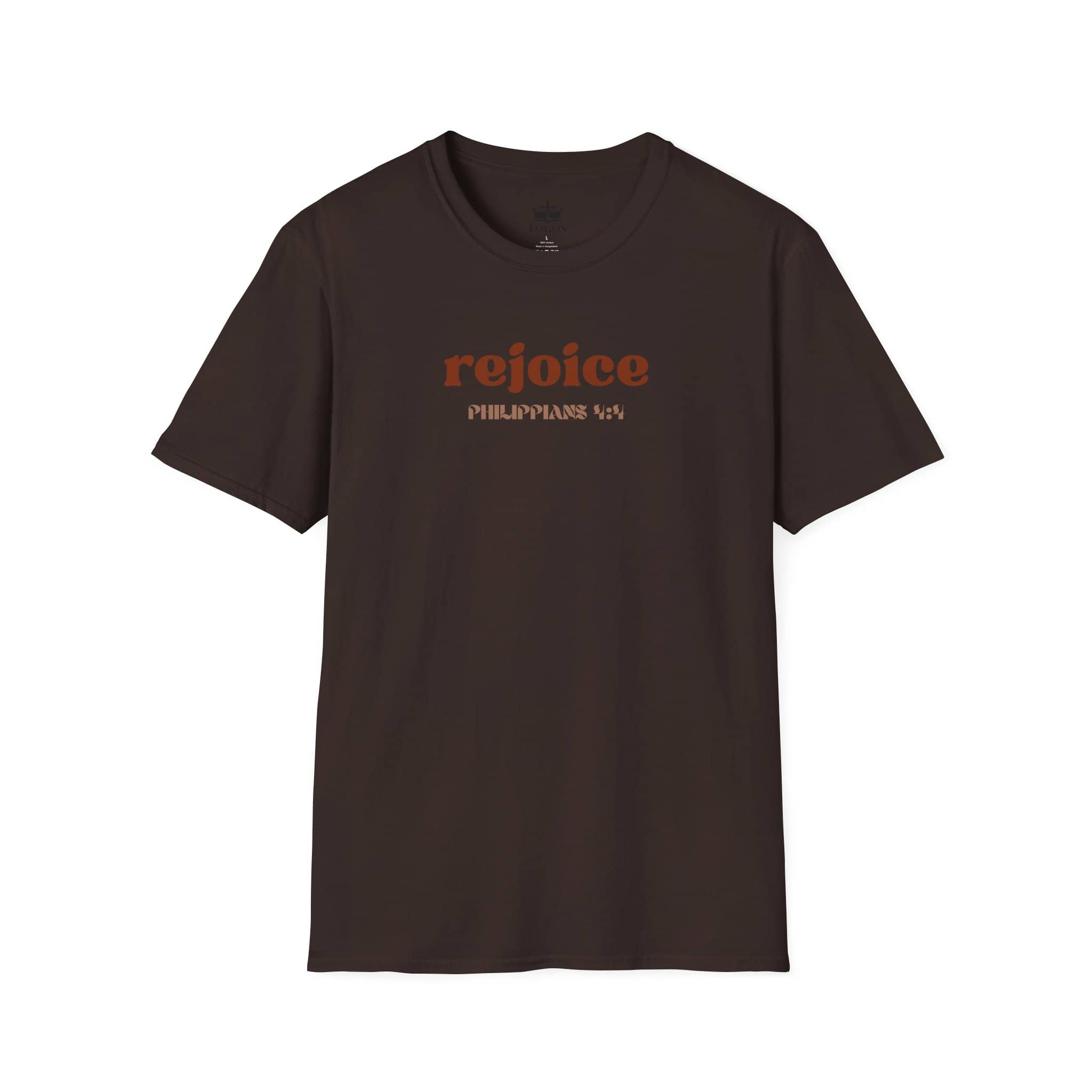 Rejoice in the Lord shirt in dark brown with inspirational Philippians 4:4 text