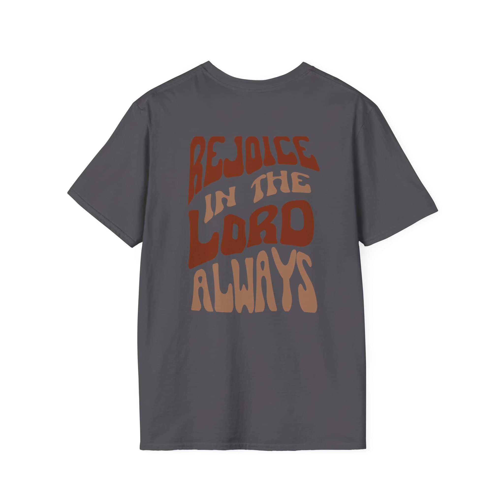 Gray Rejoice in the Lord shirt with bold retro typography design on back